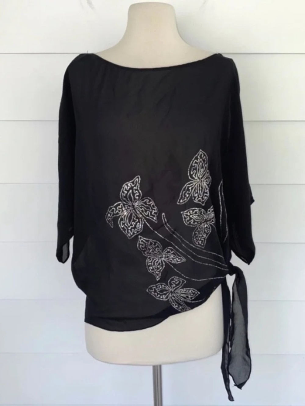 (10) VTG Teddi of California Semi Sheer Glitter Floral Tie Side Black Top